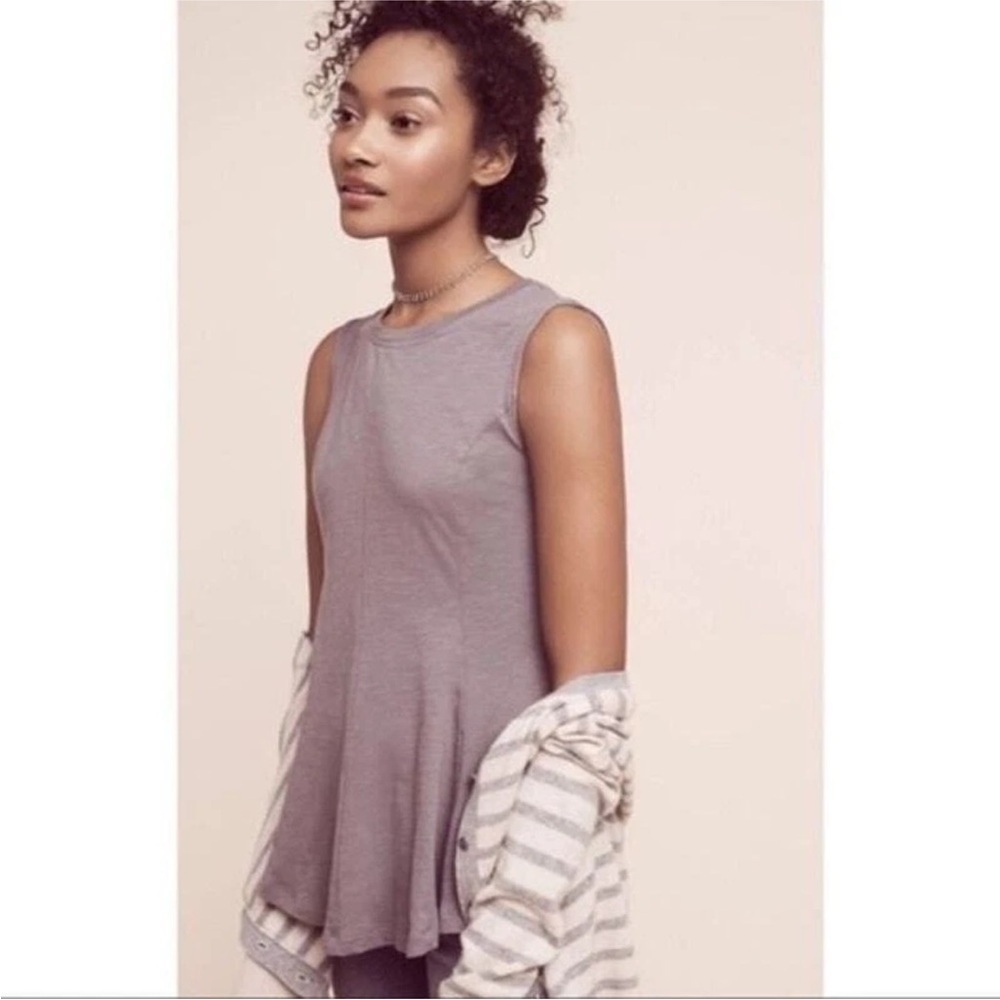 Anthropologie ERI + ALI M Gray 100% Cotton Flared Seamed Knit Tank Top Tee